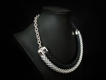 Leather necklace (black, silver with silver)