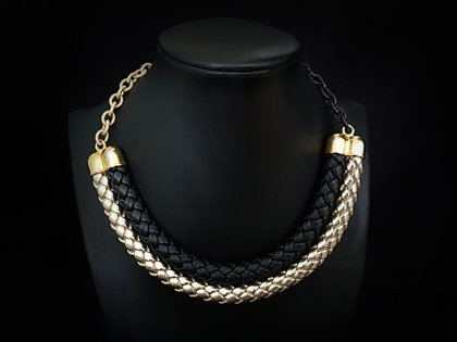 Leather necklace (black, gold with gold)