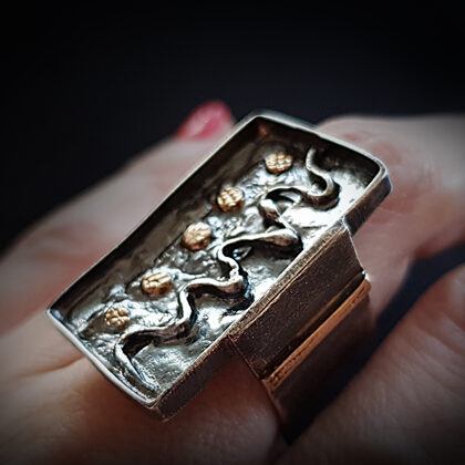 Кольцо из оксидированного серебра с золотыми элементами