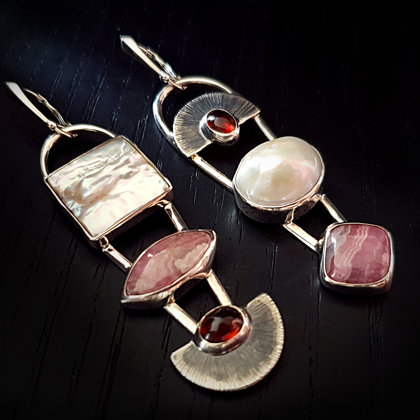 Sterling silver earrings with rhodochrosites, hessonites and pearls.