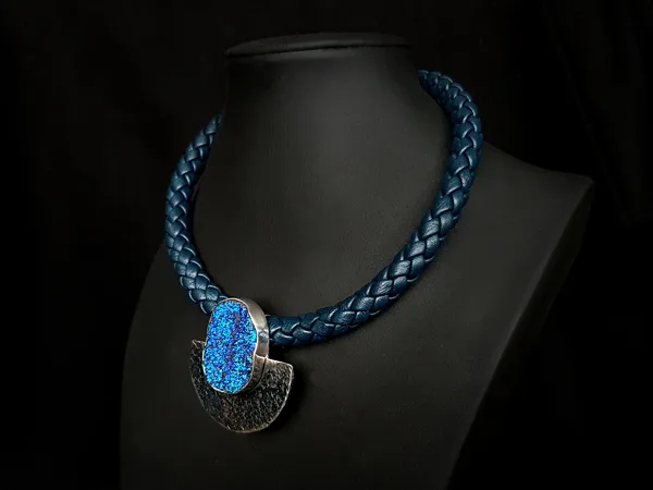 Oxidised sterling silver necklace with titanium coated agate druzy
