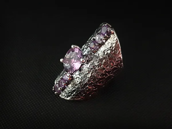 Oxidized sterling silver ring with 7 amethysts